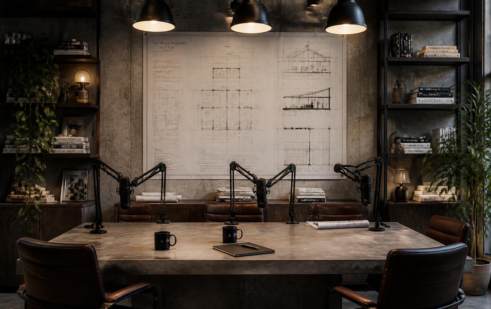 The Ground Floor podcast studio: a concrete conference table under industrial lighting.